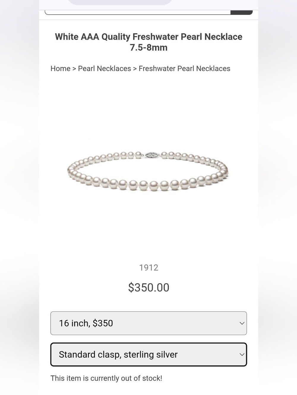 NWT 7.5-8mm White Freshwater Cultured Pearl Necklace AA+ Quality 16" With COA